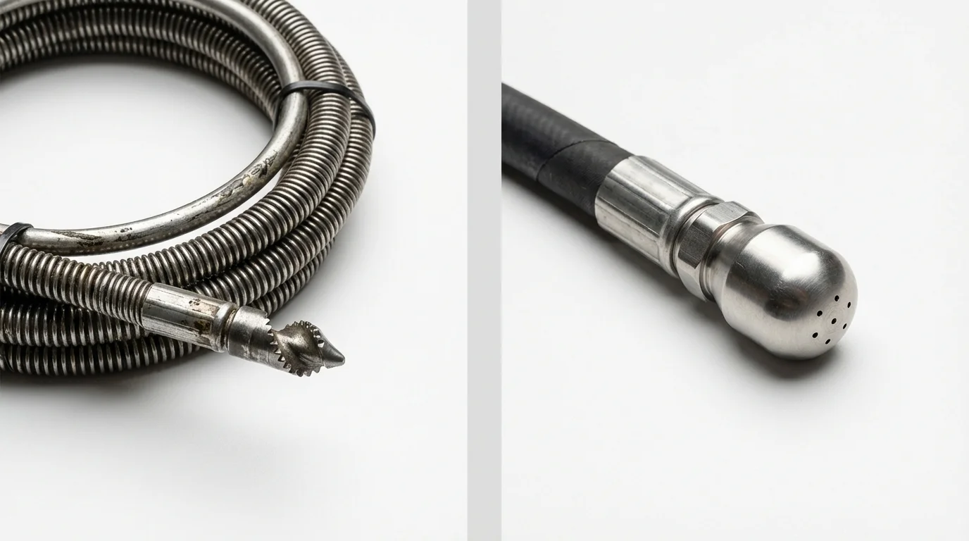 Drain snake cable and hydro jetting nozzle used for drain cleaning in Weston, MO